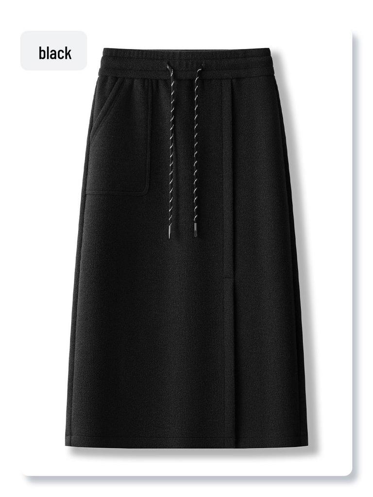 2024 Khaki Vlněná Midi Sukně pro Ženy – Podzim/Zima, Elastický Pas, Rovná Přiléhavá se Předním Rozparkem, Délka ke Kotníkům