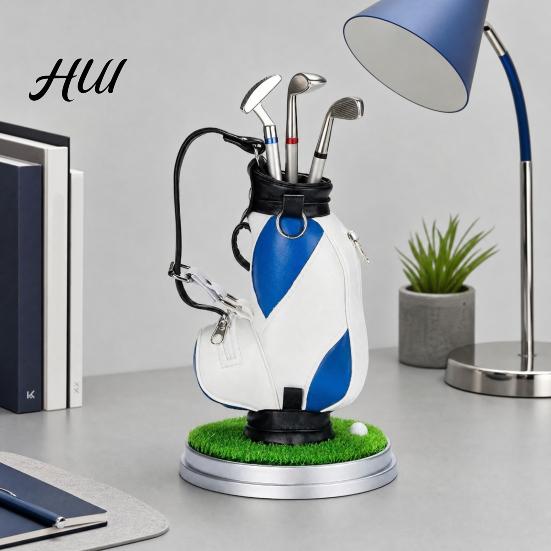 Practical Office Supplies Men Golf Pen Holder Set, Mini Bag Desk Organizer with 3 Set Club Pens, Novelty Decor for Men, Business Gift Desktop