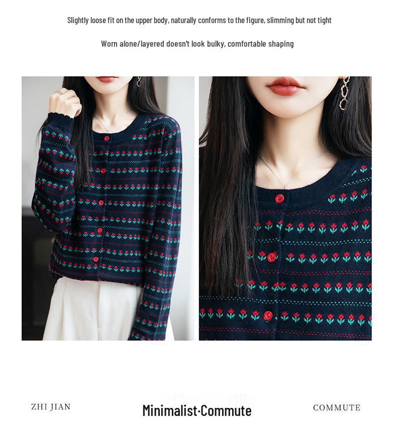 Women's Autumn/Winter Fine Wool Crew Neck Floral Cardigan Sweater - Gentle Style Knitwear.