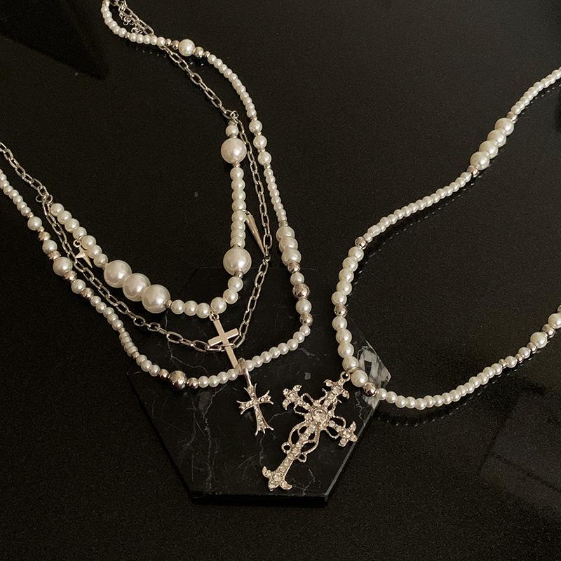 Cross Beaded Pearl Layered Necklace - Unique Y2k Hot Girl Sweet & Cool Accessories