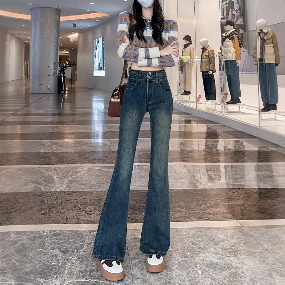 Women's Retro High Waist Fleece-Lined Flare Jeans – Autumn/Winter Slim Mopping Pants