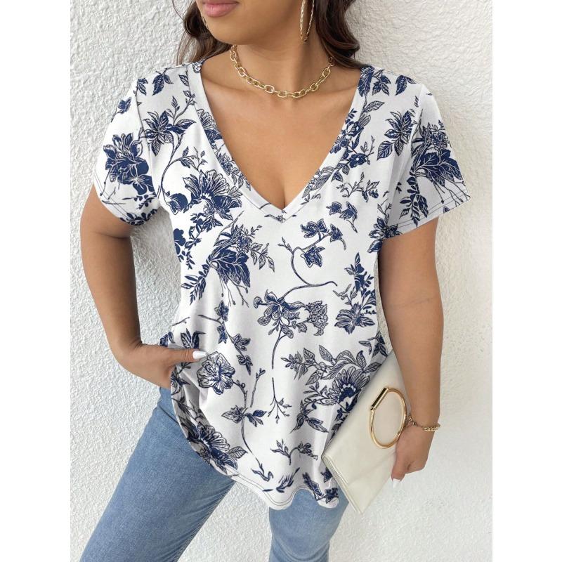 QICED Women's Fashion Casual Solid Color Print V-Neck Short Sleeve Blouses & Shirts