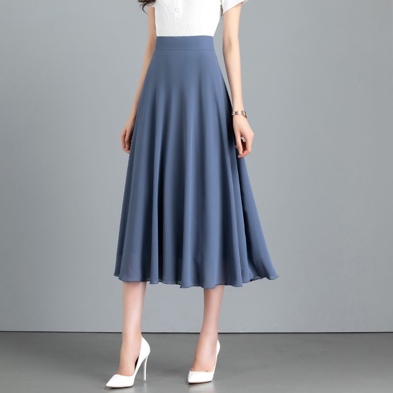 Sommer Neuer Einfarbiger Hellbrauner Chiffonrock Mittellang A-Linie Großer Schwung Damenrock Knielanger Rock