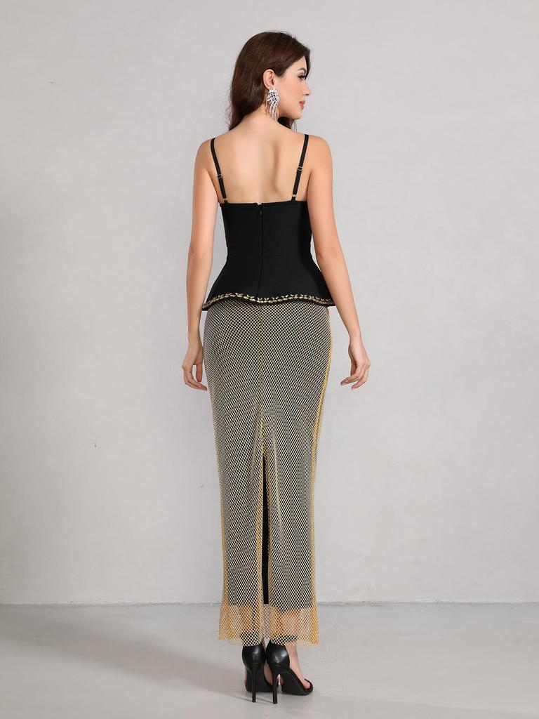 Multicolor Rhinestone Bandage V-Neck Spaghetti Strap High-Waist Evening Gown Set