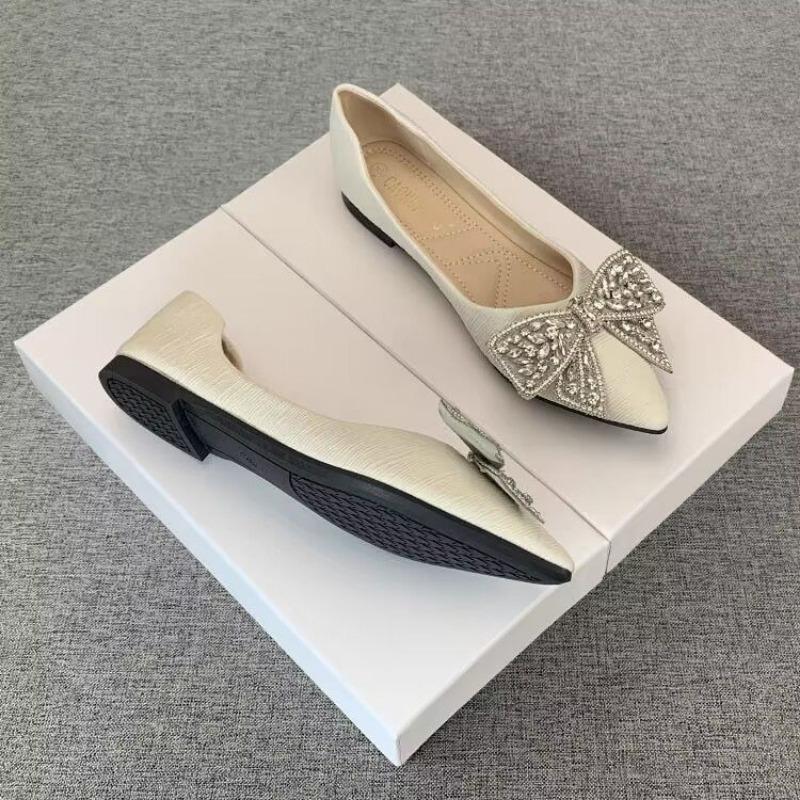 Sommar Strass Med Rosett Dam Ballerinaskor Stilfulla Eleganta Vardagliga 2025 Trend Social Populär Försäljningspunkt Spetsig Tå Slip-on Skor för Kvinnor