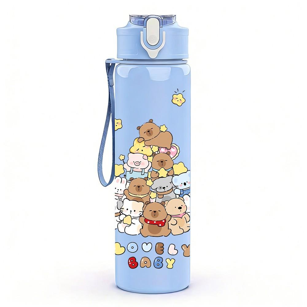 1PC Bear And Dessert Stack Print 750ml Color Plastic Sports Water Bottle Leakproof Flip Straw Lid Suitable for Sports Office Home Use