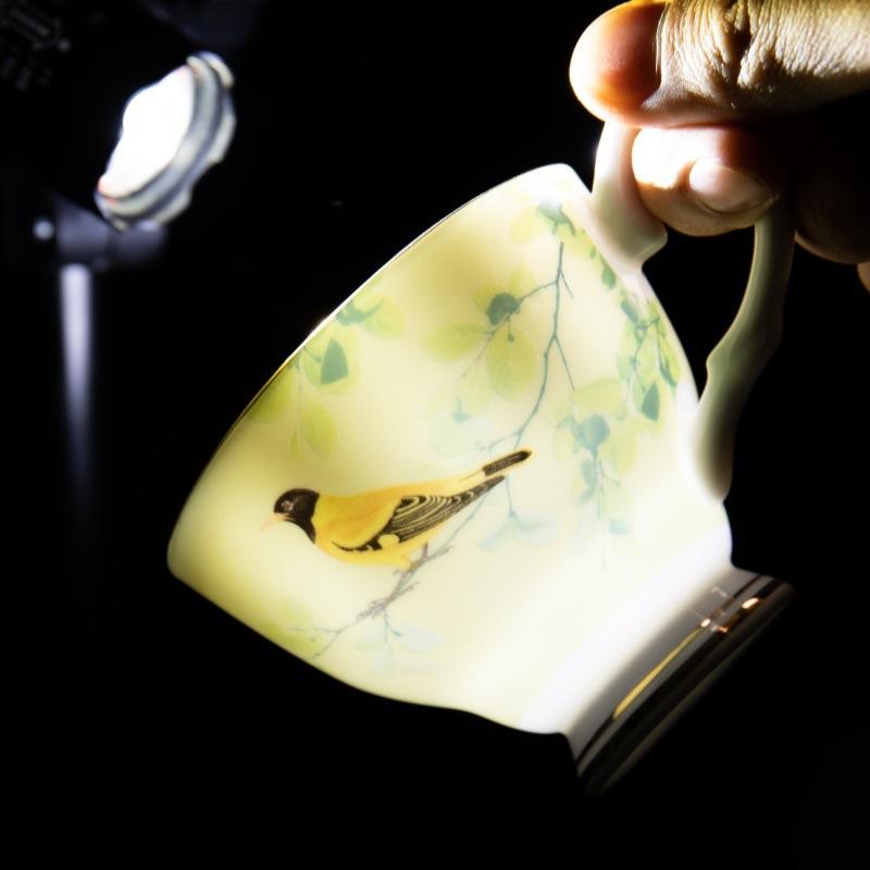 Luxury Gold Rim Bone China Tea Cup and Saucers, Elegant Floral Butterfly Coffee Mug Tableware Set, Bird on Branches Bone China Coffee Cup for Home