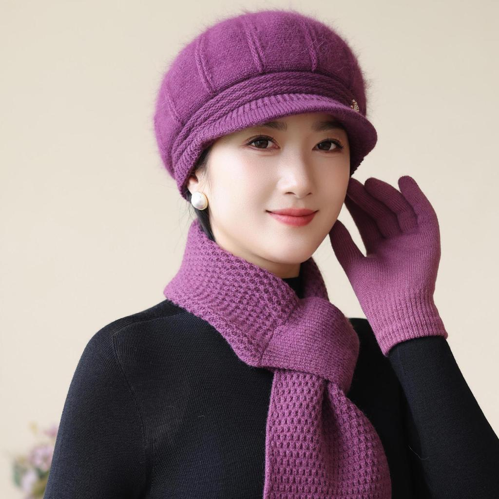 Knitted Woolen Hat New Rabbit Fur Hat for Women Mother  Middle Aged and Elderly Plus Velvet Warm Hat Grandma's Cold Proof Scarf