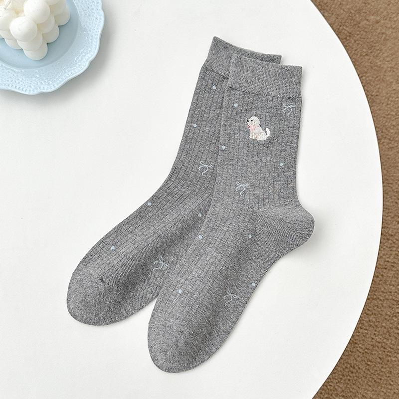 

Cute Cartoon Puppy Polka Dot Mid-Calf Women s Socks for Autumn/Winter One Size темно-сірий