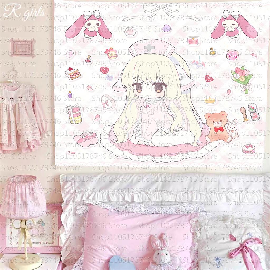 Chobits Kawaii Home Decor Wall Hanging Tapestry Anime Pink Girl Tapestry Wall Bedroom Background Cute Fashion Lady Tapestries