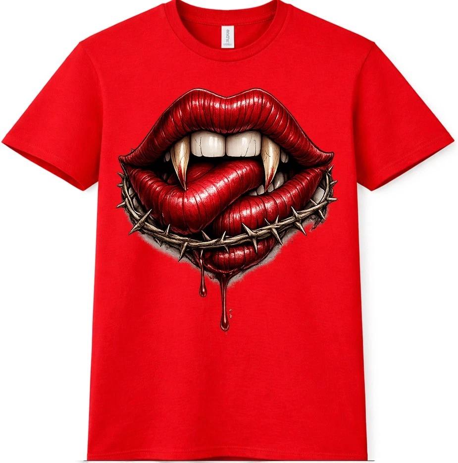 Vampire Lips T-Shirt Gothic Fangs Horror Blood Tattoo Style Halloween Tee XL