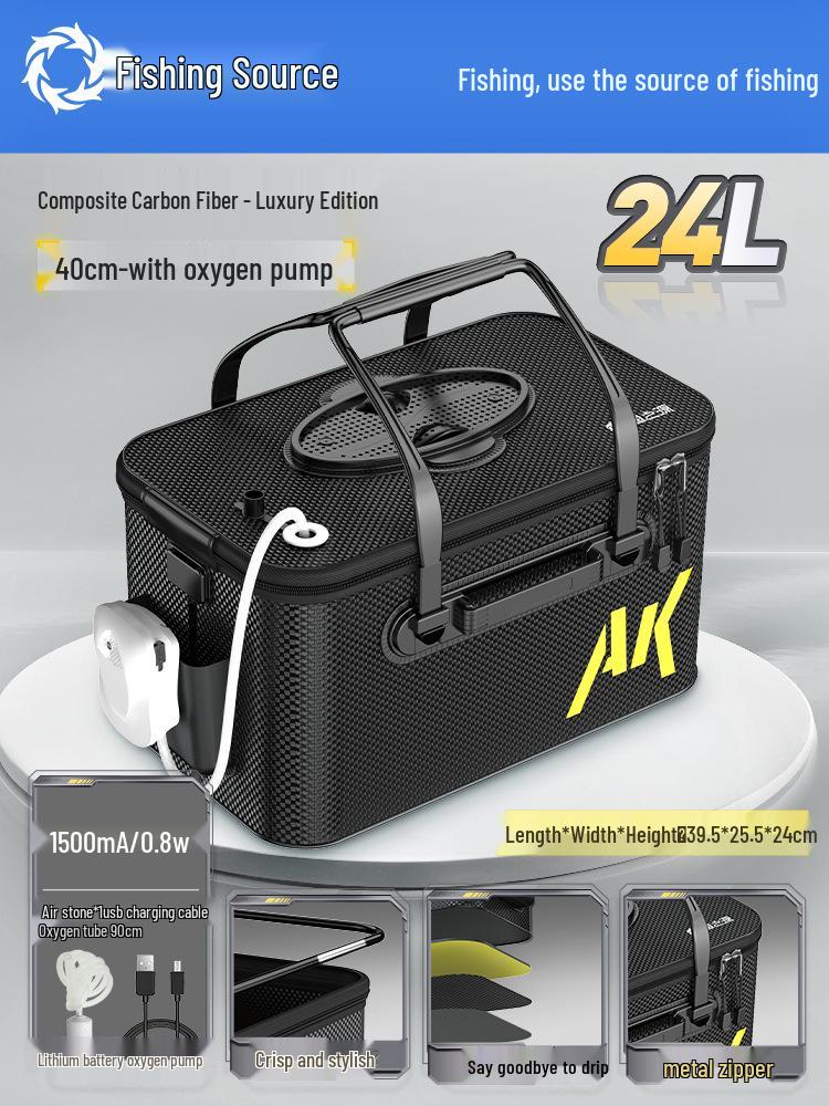 Pogrubione wiadro na żywe ryby z koszykiem na przynęty i ochraniaczem na ryby