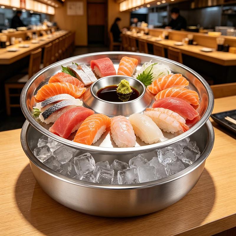 Piatto di Ghiaccio per Sashimi in Acciaio Inossidabile Rotondo Con Piatto per Salse Vassoio Espositore per Cibo Vassoio Refrigerante Vassoio Staccabile per Frutti di Mare Sushi