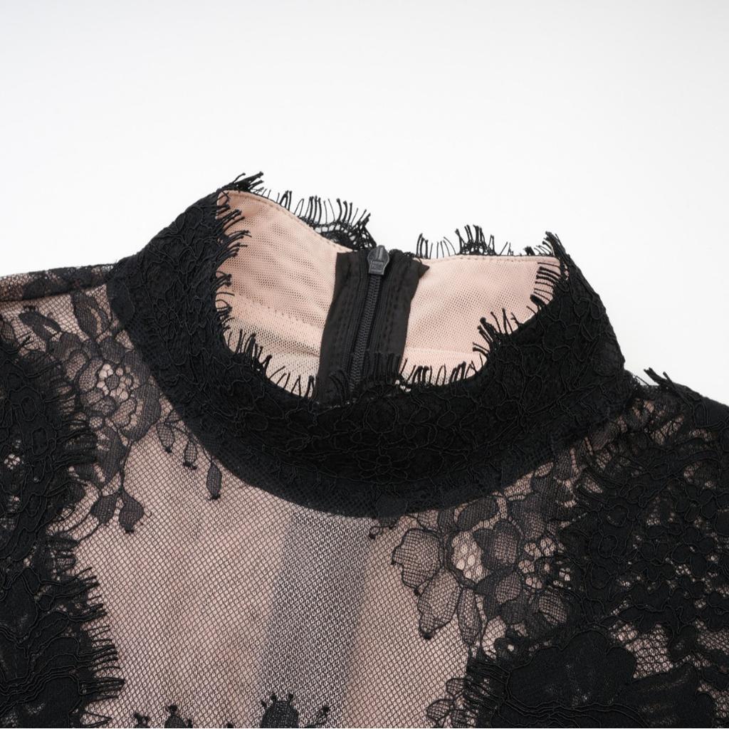 Šaty s dlouhým rukávem, krajkové, s polovičním rolákem, prošívané, sladký temperament, elegantní dlouhé gala šaty, sukně