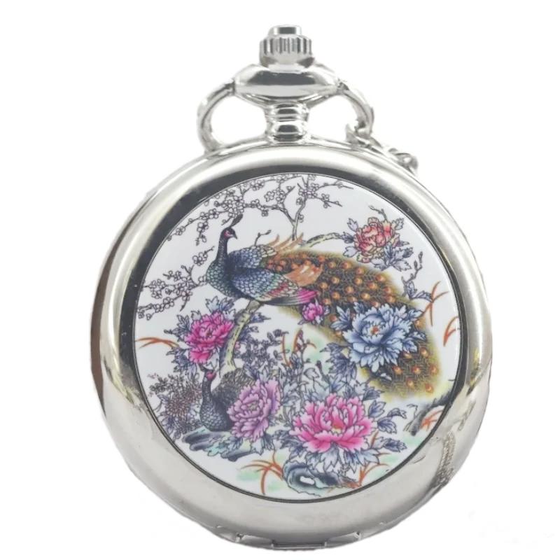 

Vintage Bronze Steampunk Enamel Peacock Peony Quartz Pocket Watch Necklace Pendant Clock Chain Men s and Women s Gifts