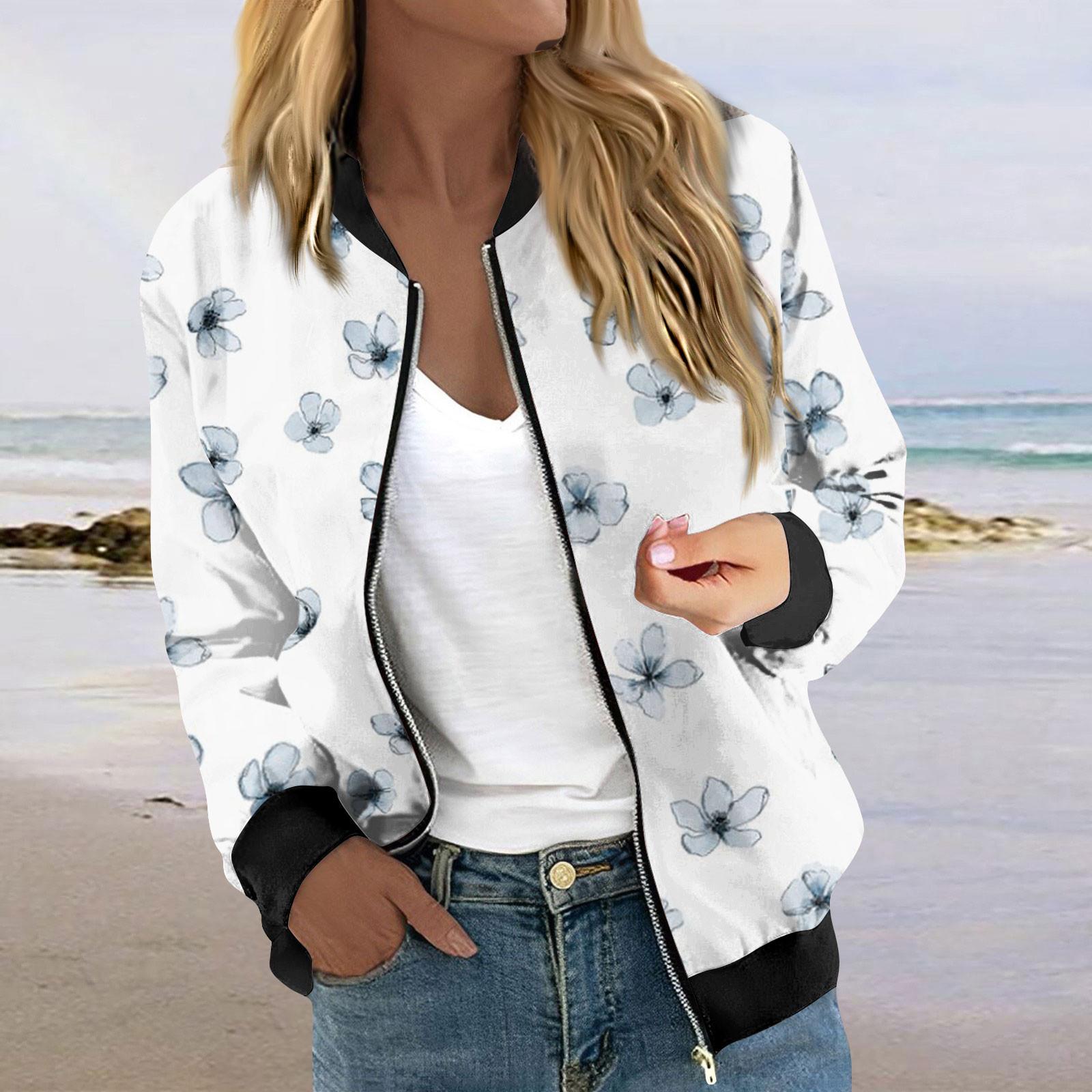 

Женская модная повседневная куртка на молнии с принтом и карманами, длинное пальто с рукавами M светло-синий