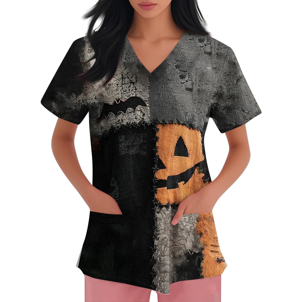 Women's Fashion Short Sleeve Halloween Print V-Neck Pocket Workwear Tops