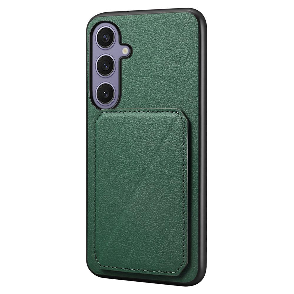 

For Samsung Galaxy S25+ Case Card Holder Kickstand Calf Textured Leather+PC+TPU Phone Cover Green