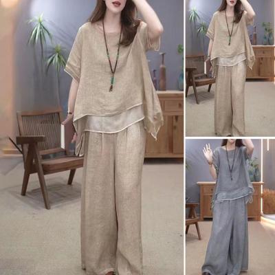2 Teile/satz Frauen Top Hosen Set Rundhals Halbarm Unregelmäßigen Saum Bluse