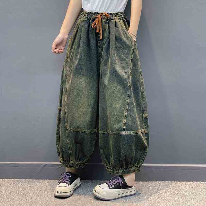 Pofulove Dames Retro Plus Size Denim Broek Slankmakende Elastische Taille Casual Harem Losse 9-Punts Jeans 2XL