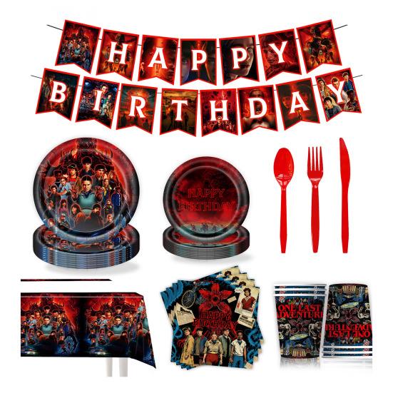 Alles Gute zum Geburtstag Dekorationsset Enthält Einweg-Pappteller Servietten Becher Tischdecke Banner Anime-Themen-Partyzubehör für Kinder Fans