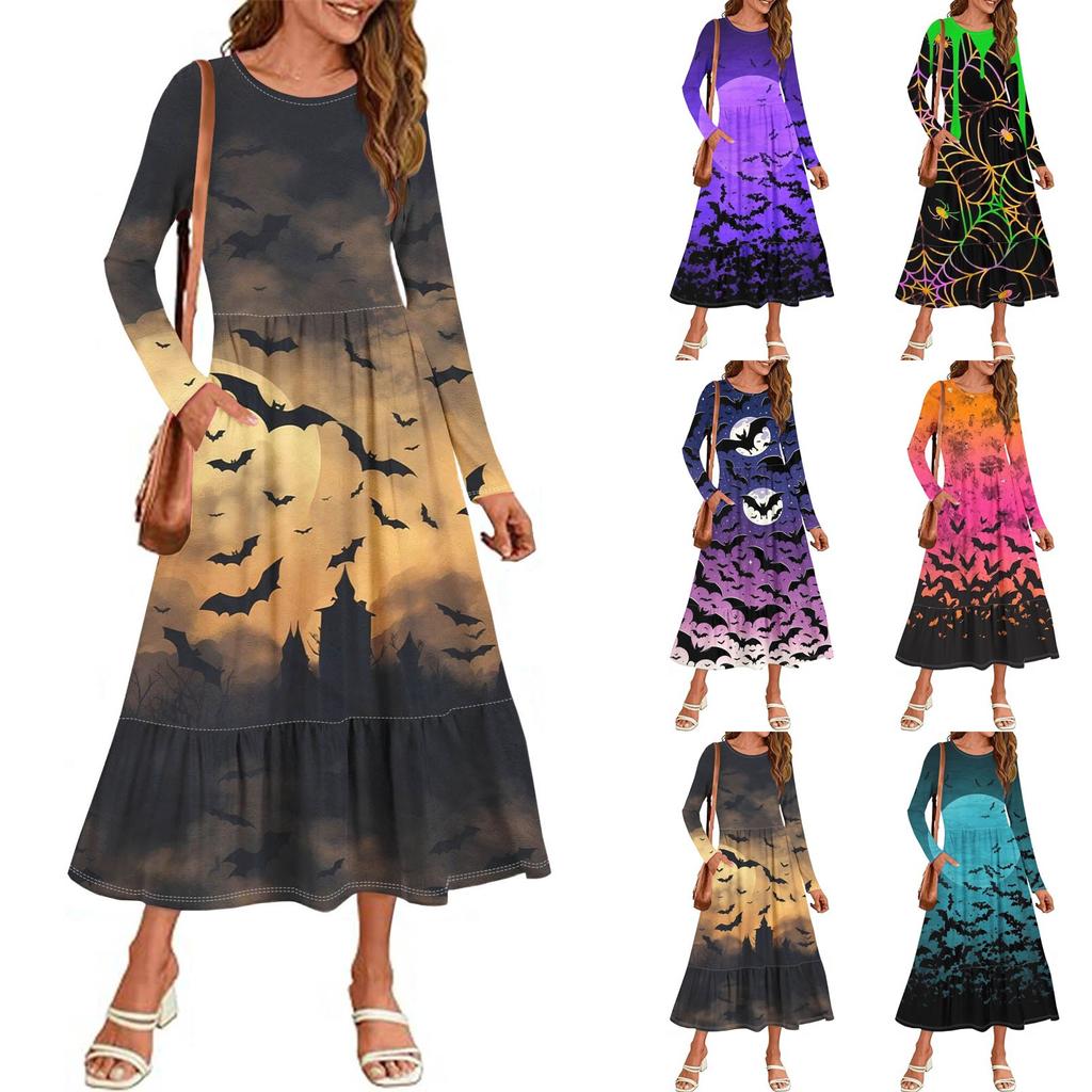 Damen Halloween Bedrucktes Freizeitkleid Frühling Herbst Tasche Rundhals Langarm Kleider