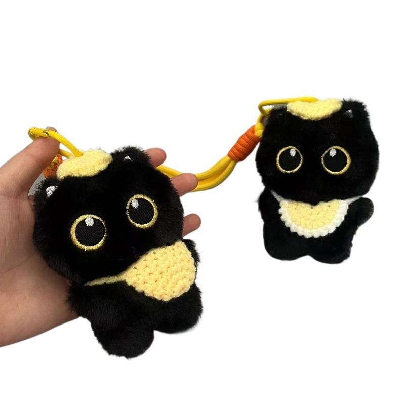Kawaii Černé Kotě Pískací Plyšové Klíčenky Roztomilý Kočičí Přívěsek na Tašku Ozdoba na Batoh Kreslené Plyšové Zvířátko Dekorace Dárky