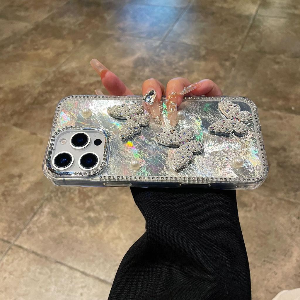 Applicable To Apple 16proMax Pearl Butterfly Laser Mobile Phone Case Diamond IPhone 15 Shell Pattern 14 Anti Fall Case