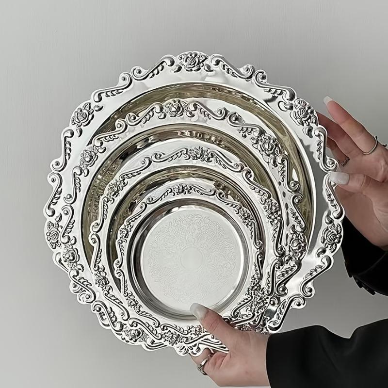 4pcs Vintage Light Luxury Style Metal Jewelry Tray Multifun Metal Cake Plate Afternoon Tea Pastry Trays Storage Plates Ornaments