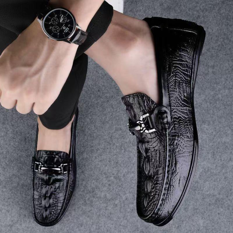 Italian Men's Crocodile Pattern Casual Leather Driving Shoes, Black.