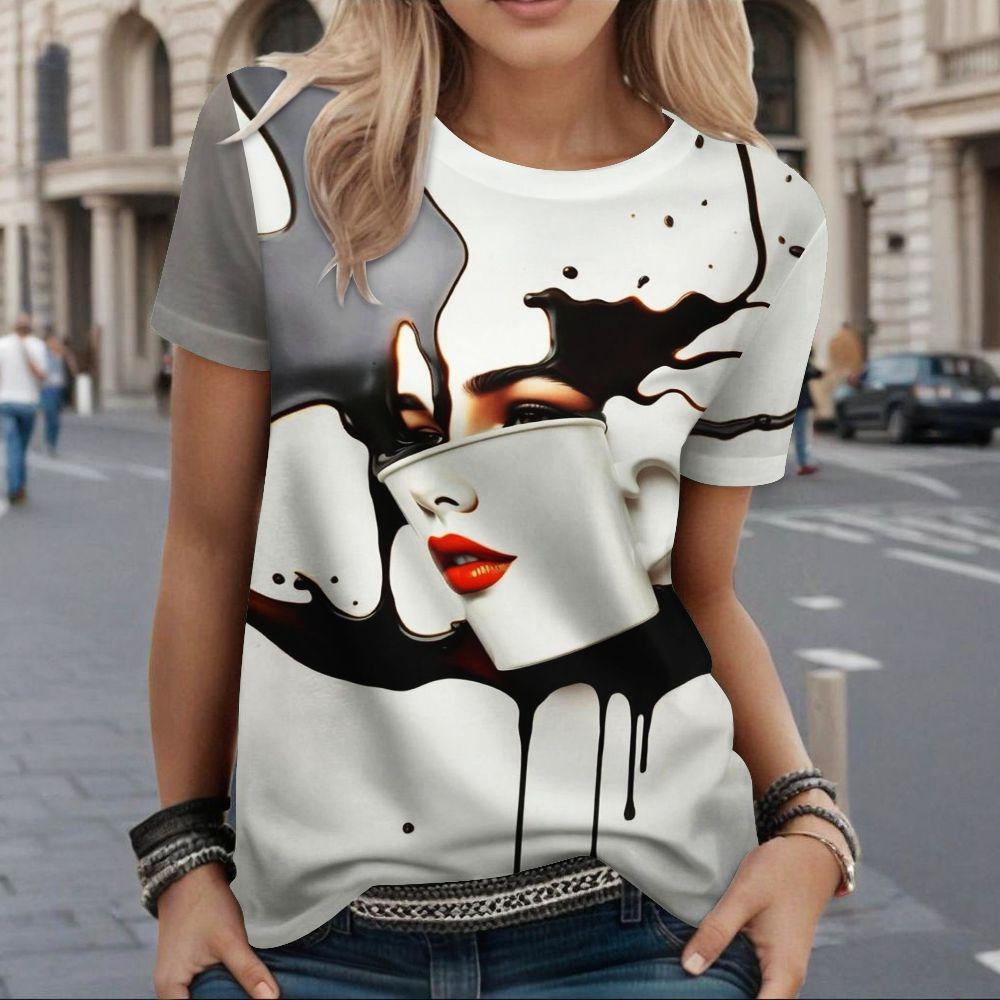 

Maple Leaf T-Shirts Floral Abstract Face 3D Print Women Round Neck Short Sleeve T Shirt Tees Harajuku Y2K Tops Female Clothing XL