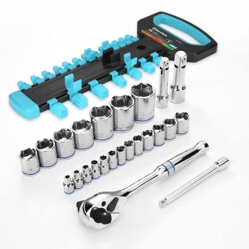 DURATECH 24-Piece Ratchet Wrench Set with 3-in-1 Ratchet Handle, 6.35mm, 9.5mm, and 12.7mm Drives, 3 Extension Bars, and 20 Sockets, for Automotive, M