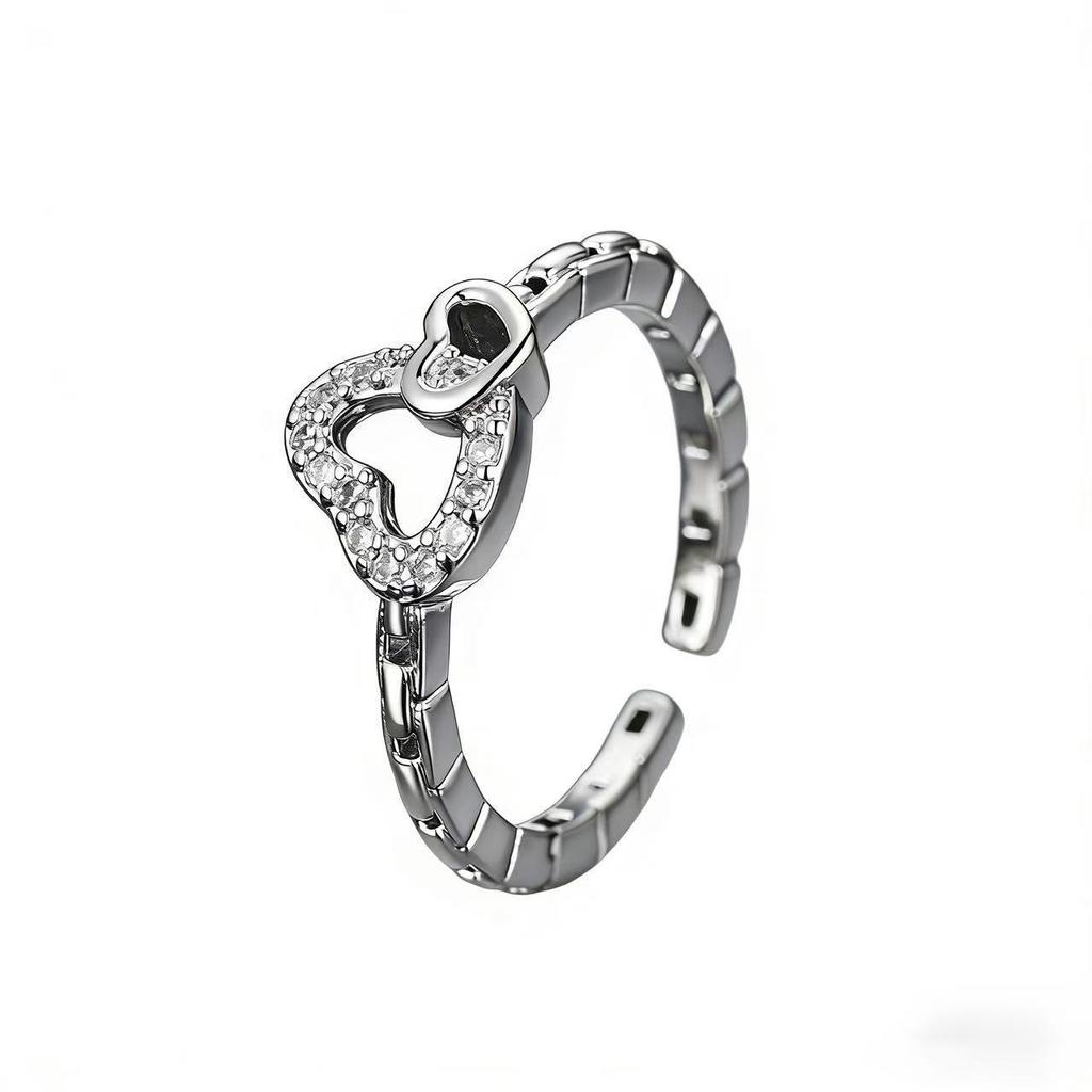 Women's High-End Double Heart Rhinestone Open Ring - Light Luxury Versatile Stacking Jewelry