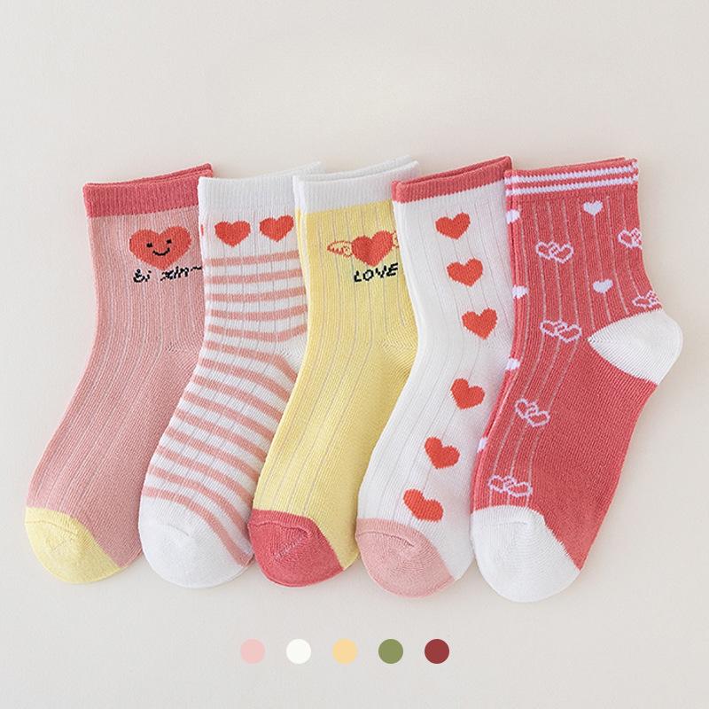 5 poros / partijos Vaikams Minkštos kojinės Meilė Širdelė Gėlė Spaudinys Kūdikių Kojinės Rudens Žiema Šiltos Vaikiškos Vidurinės Kojinės