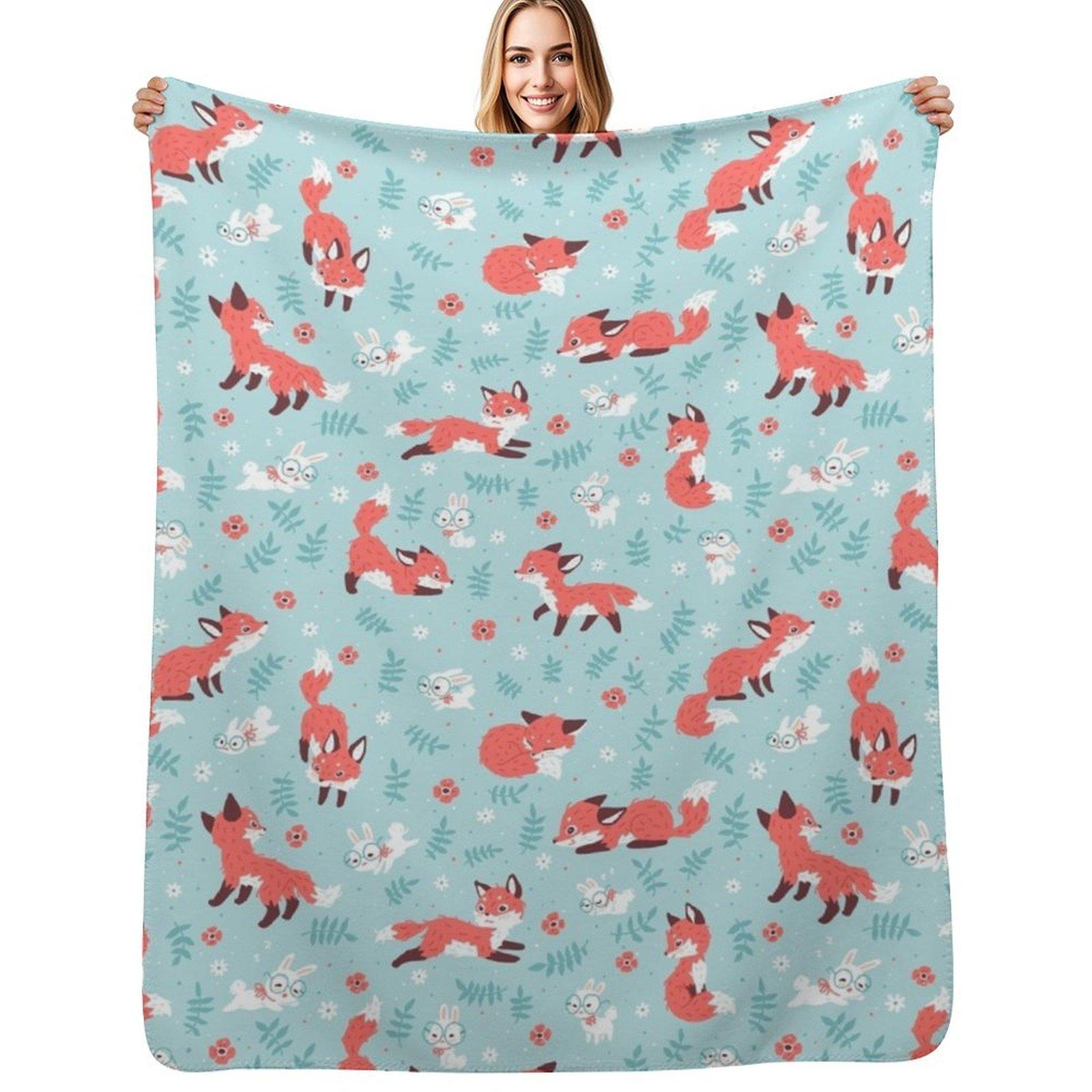 Fox and Bunny Pattern Throw Blanket Cozy Napping Blanket Gift for Mom Dad Size: 75*100cm, Weight: 230 GSM