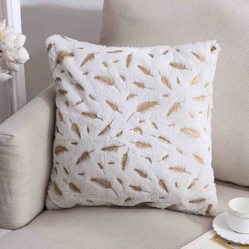 Gold Foil Feather Pillow Cover Short Plush Sofa Cushion Cover Modern Minimalist Throw Pillow Accent Pillowcase Home Decor