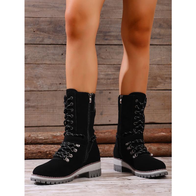 Plus Size Mid-Calf Women's Boots 2025 Winter New Arrival Round Toe, Square Heel Leather Buckle & Knit Panel Combination Martens-Style Boots