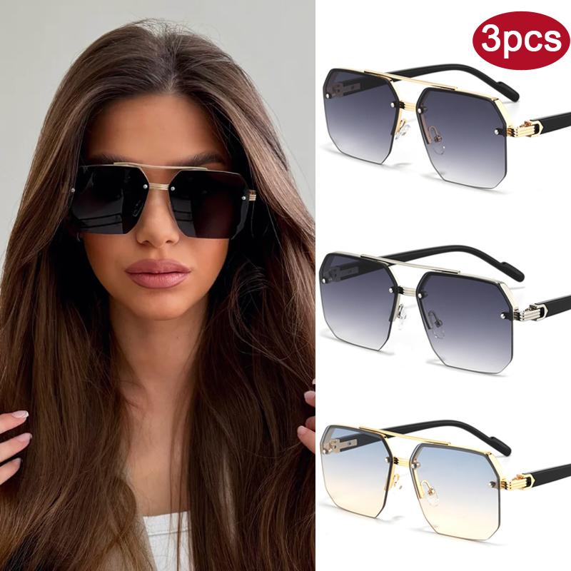 

3 шт. Квадратные Металлические Полуободковые Солнцезащитные Очки Рисовые Гвозди Двойная Перемычка Солнцезащитные Очки Повседневный Тренд Личность Градиентные Линзы Очки