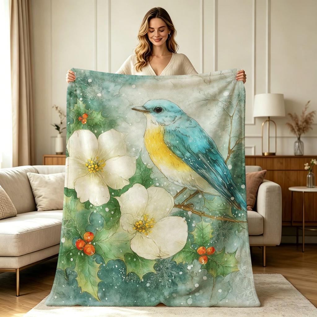 Soft Flannel Throw Blanket Winter Holiday Bird Floral Print All Season Warm Cozy Lightweight Decorative Blanket for Couch Sofa Living Room Bedroom Off