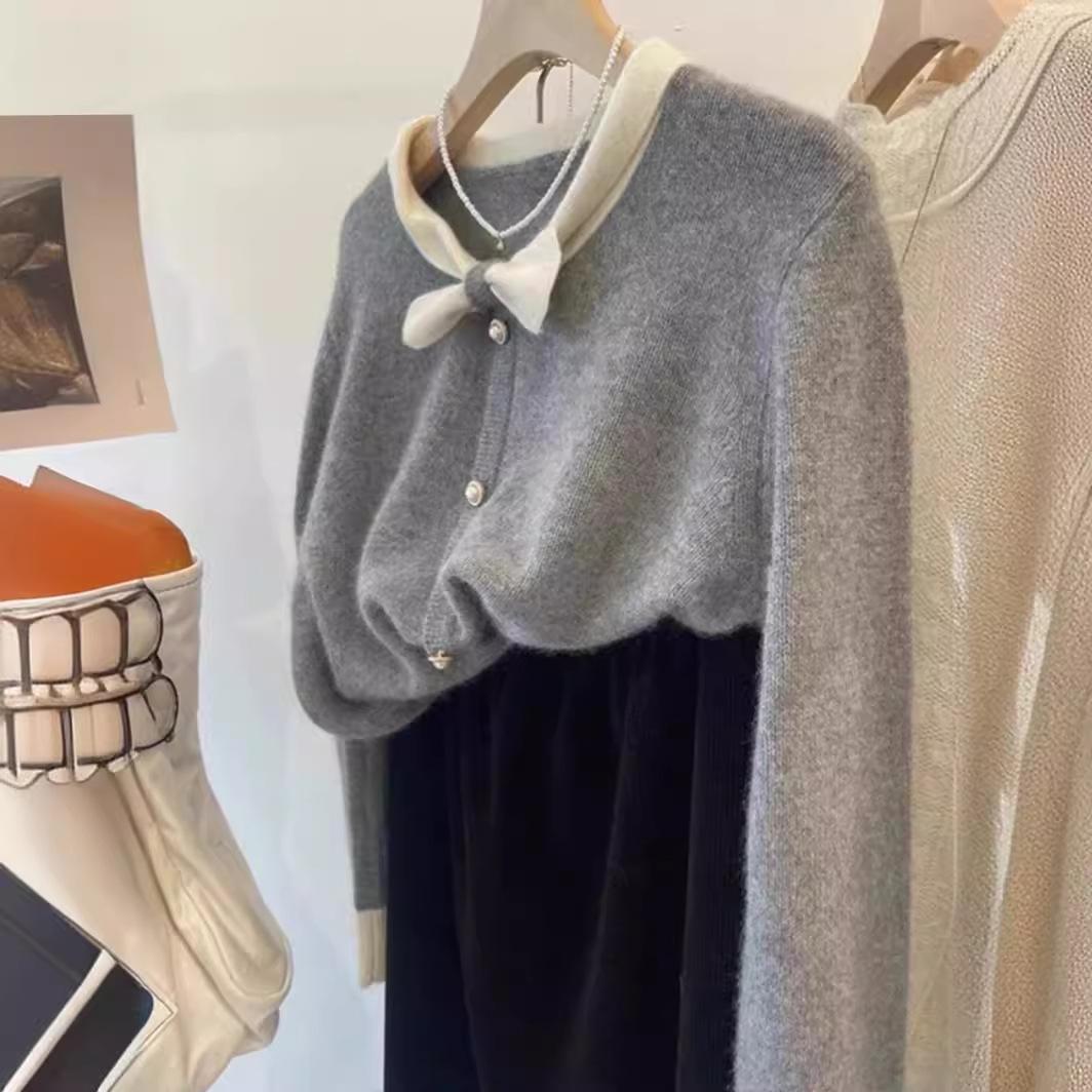 

Женский осенне-зимний короткий свитер с цветным дизайном и бантом, весенний вязаный свободный удобный кардиган XXS серый