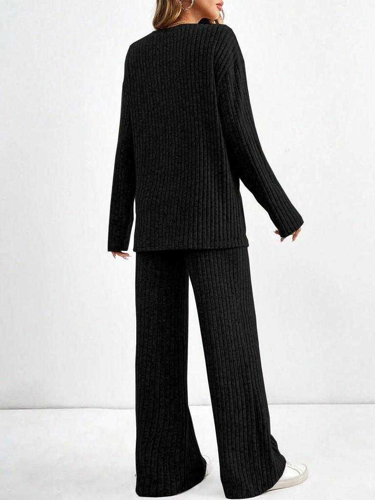 Women's Autumn 2025 Fashion: V-Neck Rib-Knit & Straight-Leg Pants Set