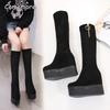 12CM Absatz erhöhend Schwarz Lange Stiefel Keilabsatz Hohe Absätze Plateau Dicke Sohle Stretch Kniehoch Damenstiefel Botas Mujer Herbst