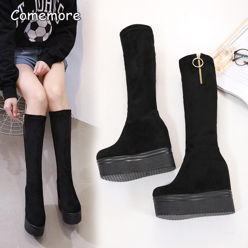 12CM Absatz erhöhend Schwarz Lange Stiefel Keilabsatz Hohe Absätze Plateau Dicke Sohle Stretch Kniehoch Damenstiefel Botas Mujer Herbst