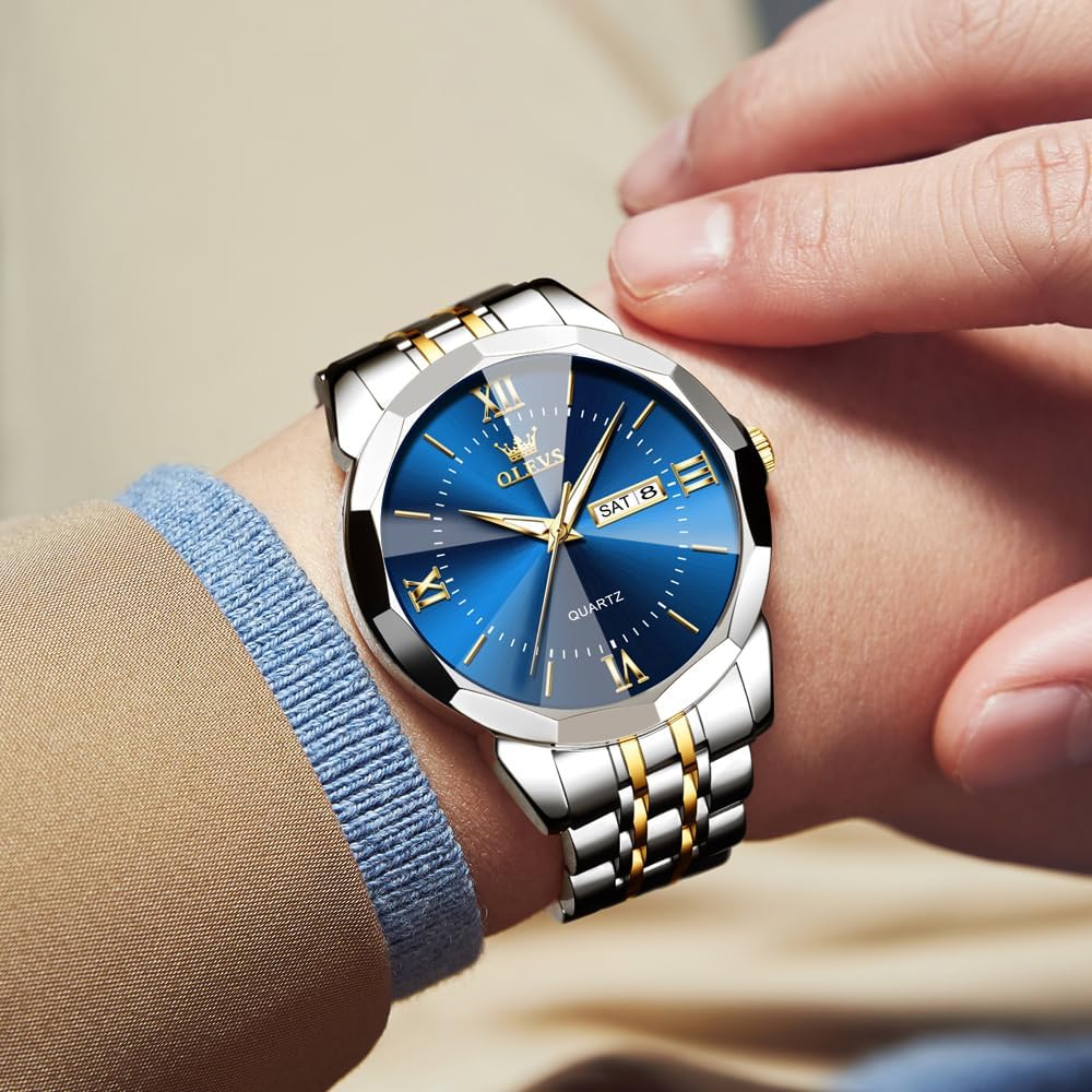 OLEVS Men's Chronograph Watch 40mm Stainless Steel Band Date Display Waterproof Gold Blue White