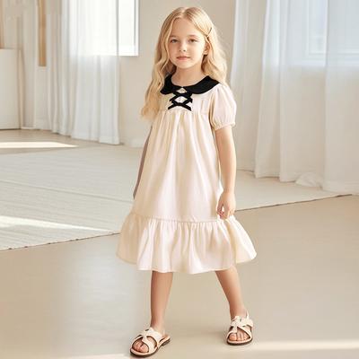 Cute Children Clothes Kids Beige Peter Pan Collar Dress Summer Puff Sleeves Girls Fashionable Princess Performance Dress