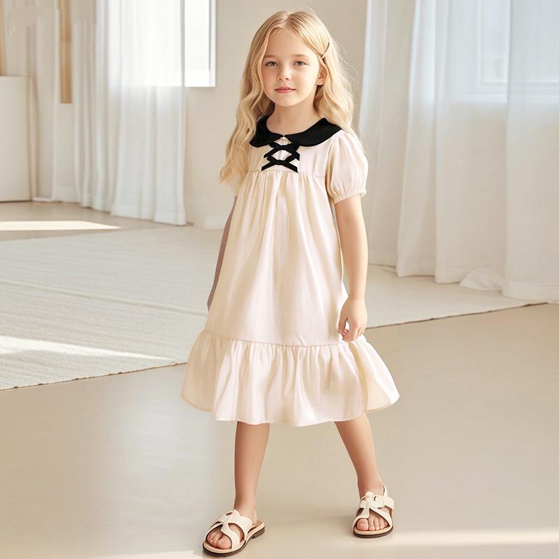 

Cute Children Clothes Kids Beige Peter Pan Collar Dress Summer Puff Sleeves Girls Fashionable Princess Performance Dress 3Y бежевий