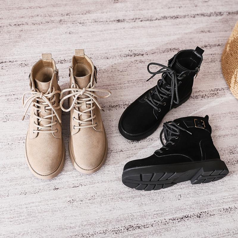 New Martin women's British frosted leather women's medium heel flat short women's lace-up leather