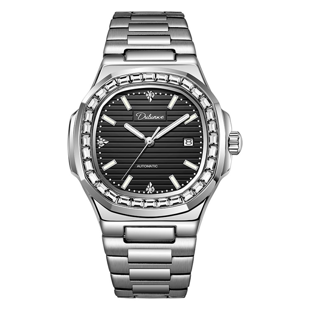 

Dulunwe Роскошные мужские автоматические механические часы со стразами из нержавеющей стали, наручные часы, водонепроницаемые, с люминесцентной индикацией, с календарем, деловые часы чёрный