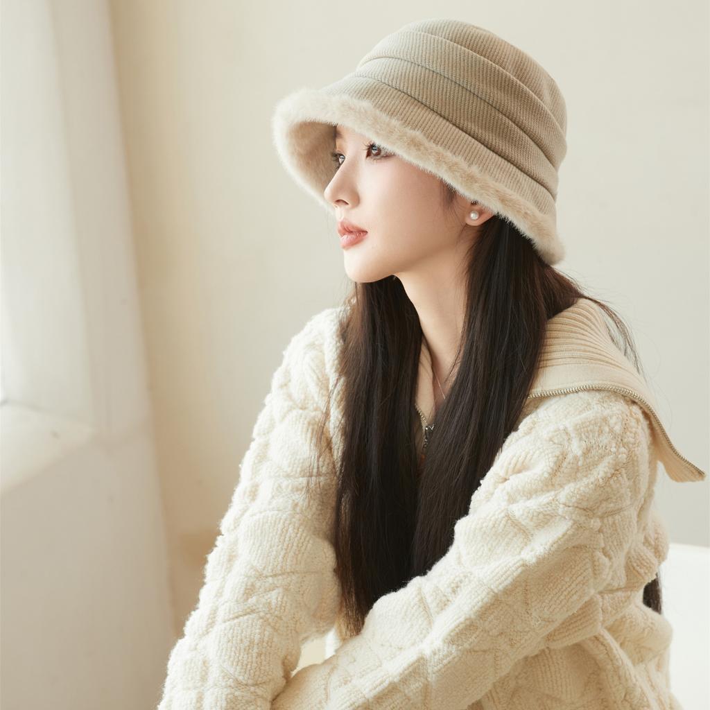 Plush Bucket Hat Women's Autumn and Winter Plush Thickened Thermal Basin Hat Elegant Middle-aged and Elderly Hat