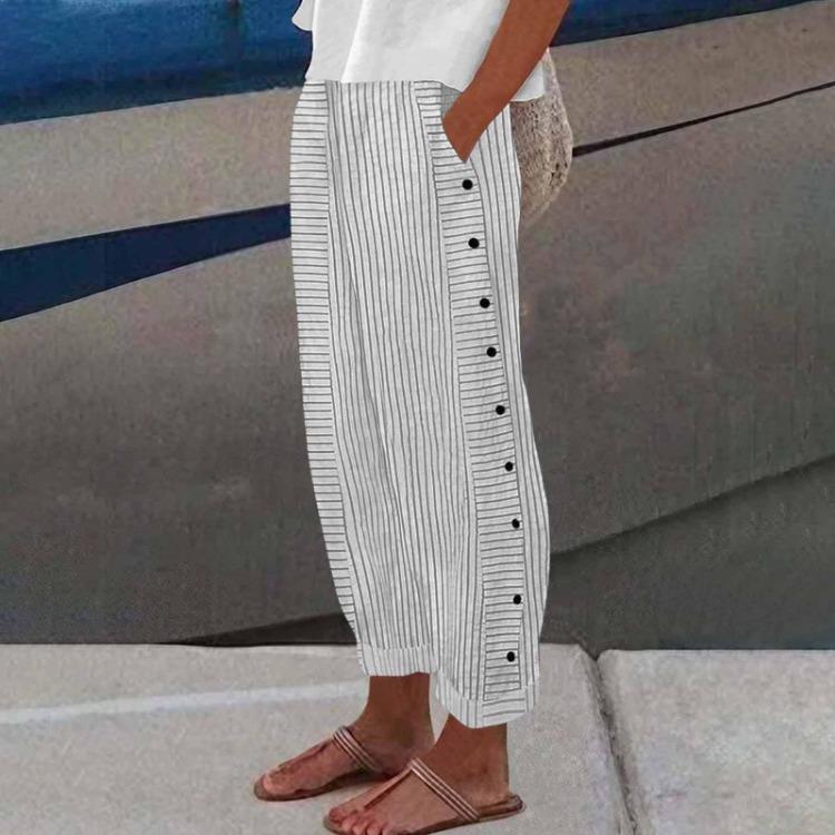 

Women Casual Trousers Stripe Print Baggy Pants Elastic Waist Side Button Up With Pocket Straight Leg Comfort XXXL бежевий